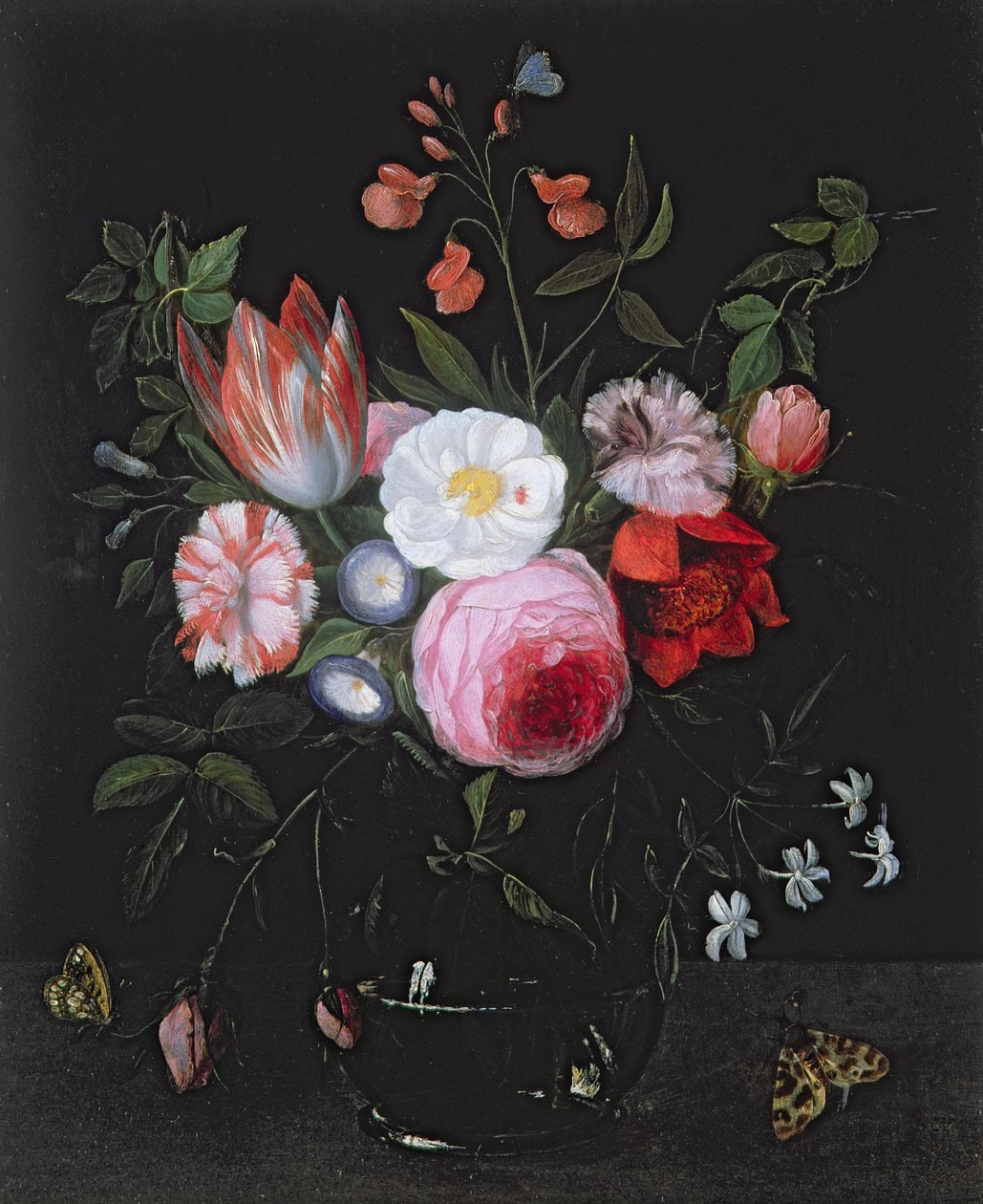 Jan van Kessel (starszy) – Wiosenne kwiaty w szklanym wazonie