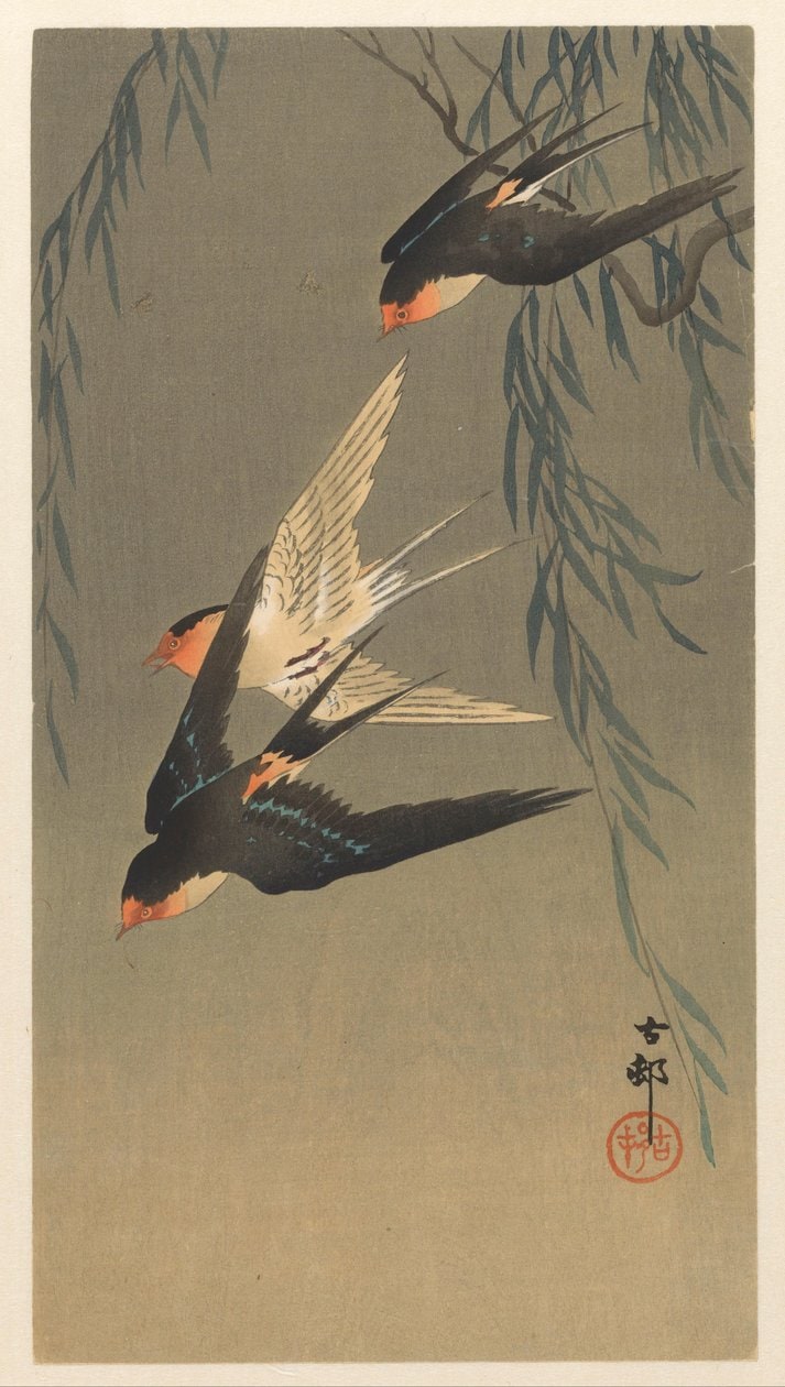 Ohara Koson – Trzy jaskółki rdzawoczerwone podczas nurkowania