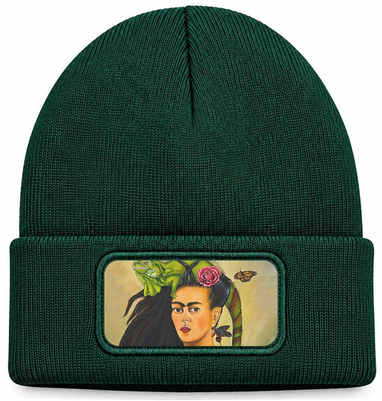 Czapka zimowa Frida z legwanem – portret inspirowany Fridą Kahlo Frida Kahlo – zielona