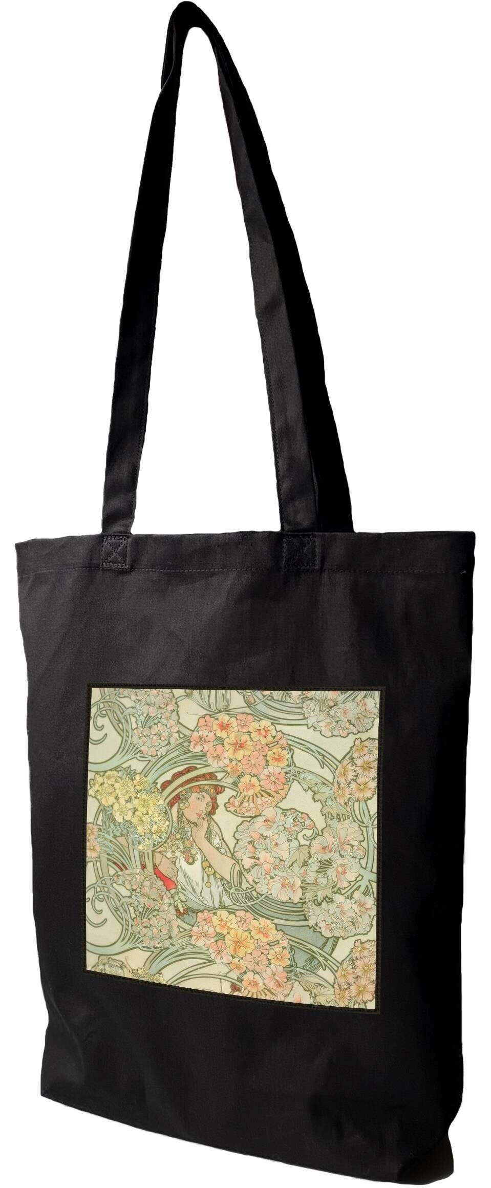Torba z naszywką Langage des fleurs (Język kwiatów) Alfons Mucha, Czarna