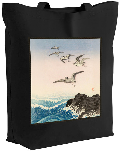 Torba z naszywką Pięć mew nad skałą w morzu Ohara Koson