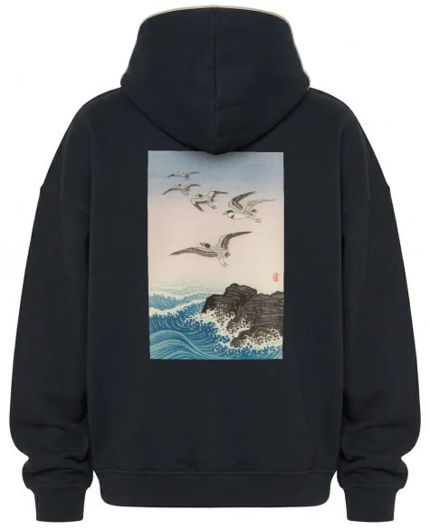 Bluza oversize Pięć mew nad skałą w morzu Ohara Koson
