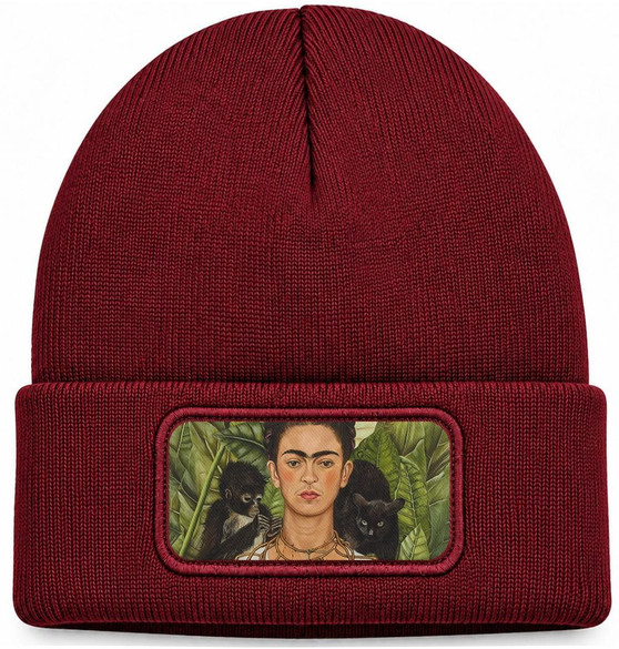 Czapka zimowa Autoportret z cierniowym naszyjnikiem i kolibrem Frida Kahlo – bordowa
