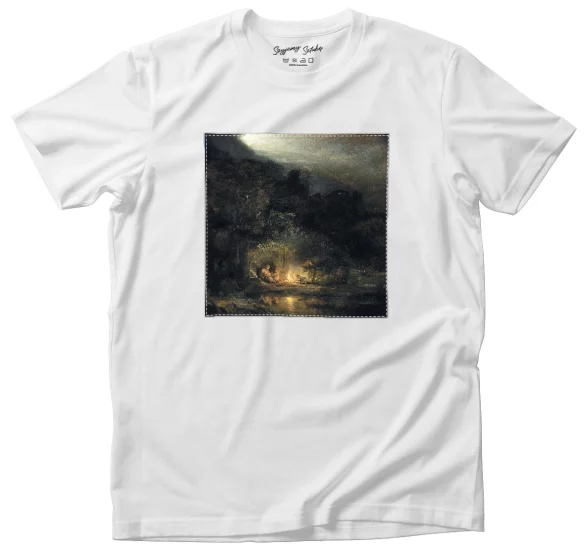 Koszulka z naszywką Krajobraz z odpoczynkiem podczas Ucieczki do Egiptu Rembrandt