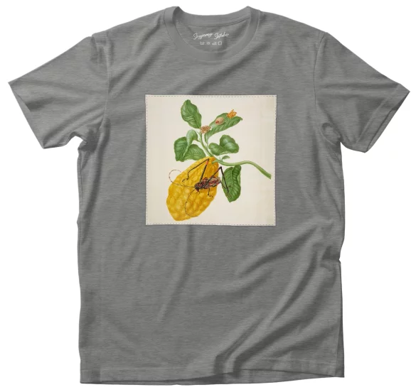 Koszulka z naszywką Cytryna z gąsienicą małpy i chrząszczem harlekin Maria Sibylla Merian