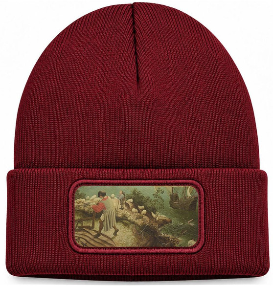 Czapka zimowa Pejzaż z upadkiem Ikara Pieter Bruegel starszy – bordowa