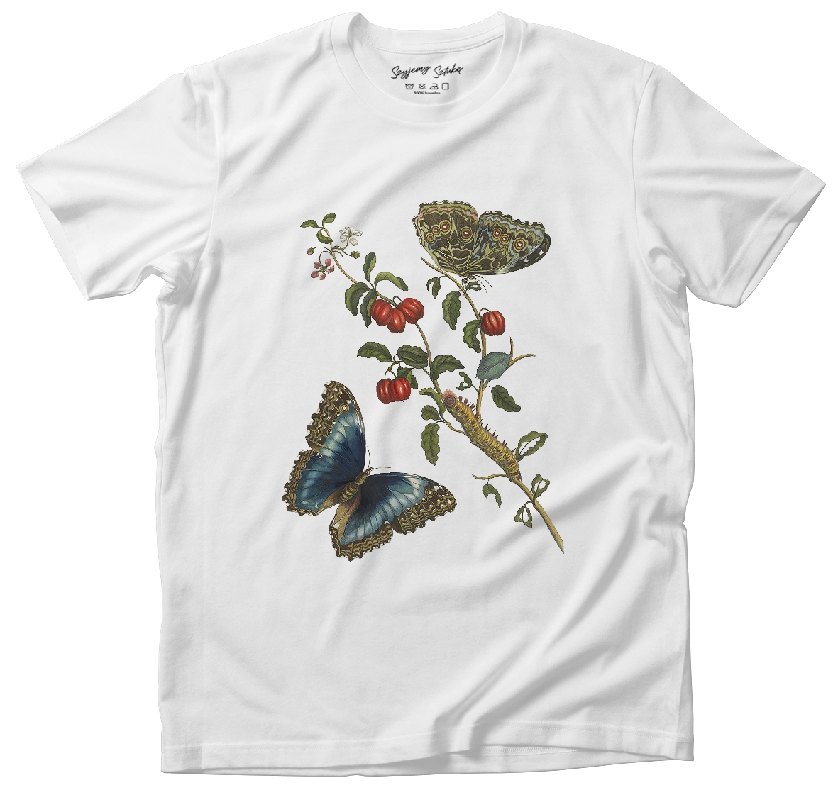 Koszulka Great Blue Butterflies and Red Fruits Maria Sibylla Merian– koszulka z nadrukiem obrazu, t-shirt ze sztuką