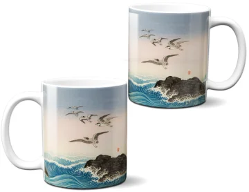 Kubek Pięć mew nad skałą w morzu Ohara Koson