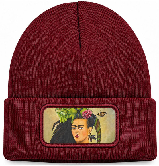 Czapka zimowa Frida z legwanem – portret inspirowany Fridą Kahlo Frida Kahlo – bordowa