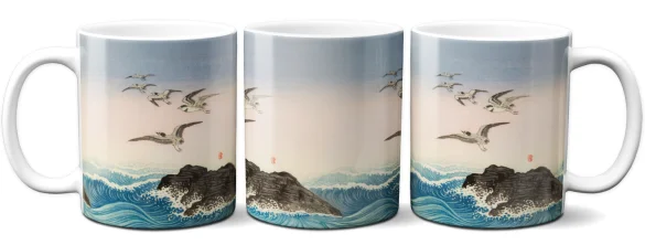 Kubek Pięć mew nad skałą w morzu Ohara Koson