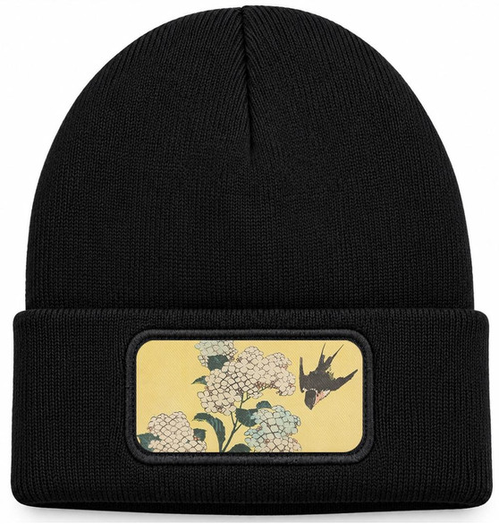Czapka zimowa Hortensja i Jaskółka Katsushika Hokusai – czarna