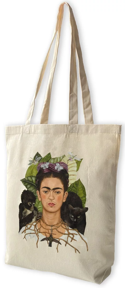 Torba bawełniana Autoportret z cierniowym naszyjnikiem i kolibrem Frida Kahlo, Biała