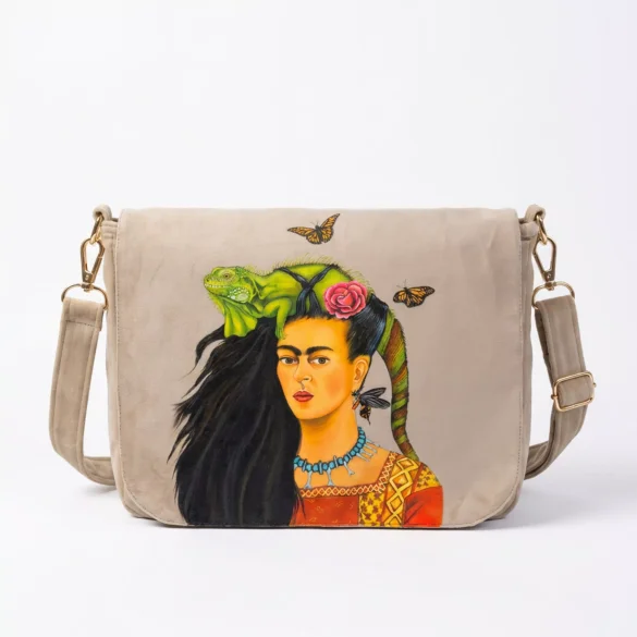Torebka damska welurowa Frida z legwanem – portret inspirowany Fridą Kahlo