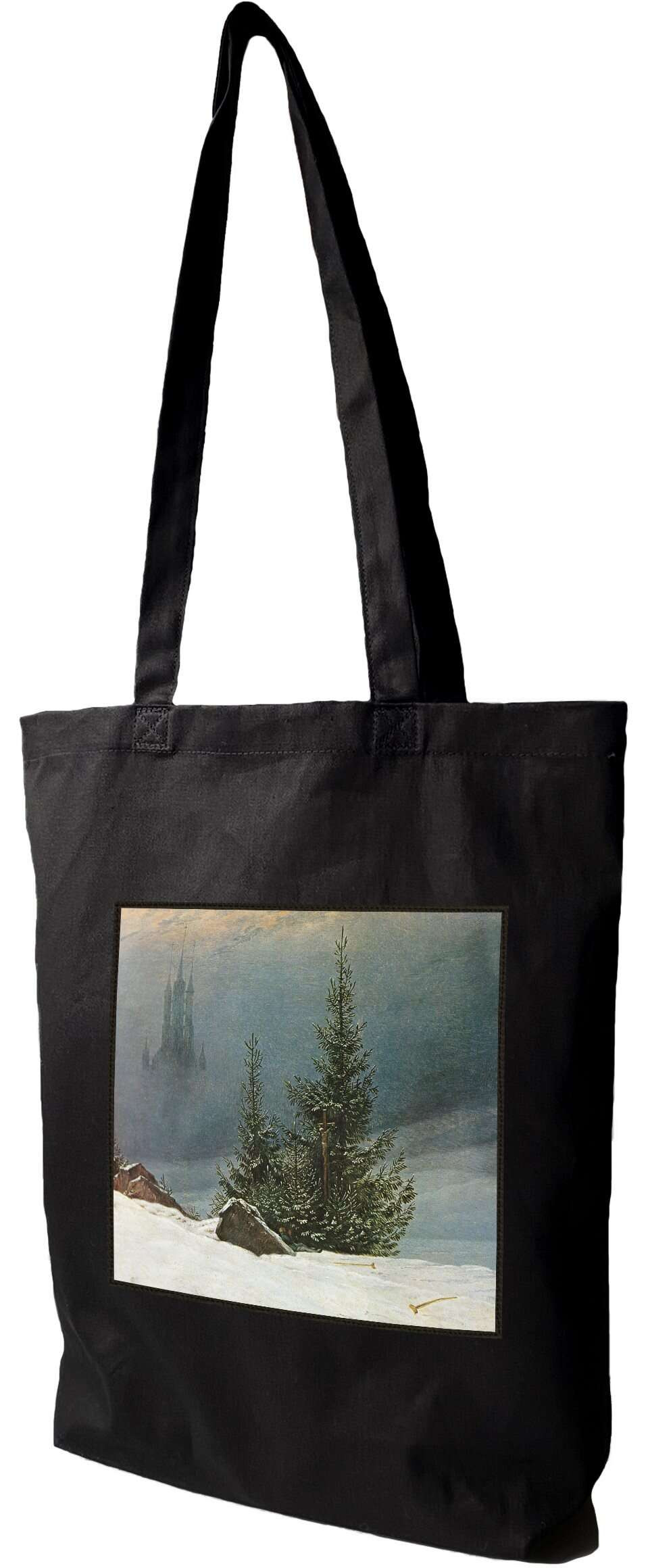 Torba z naszywką Pejzaż zimowy Caspar David Friedrich, Czarna