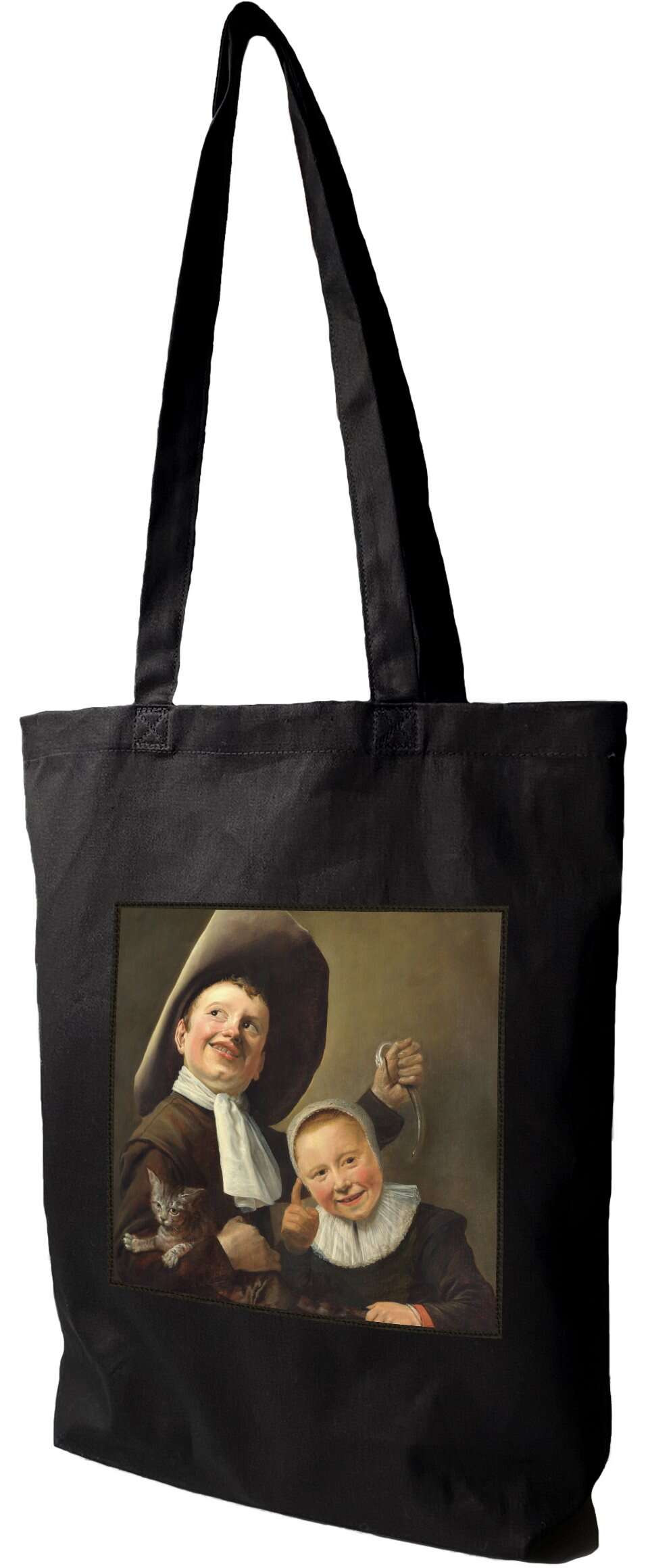 Torba z naszywką Chłopiec i dziewczynka z kotem i węgorzem Judith Leyster, Czarna