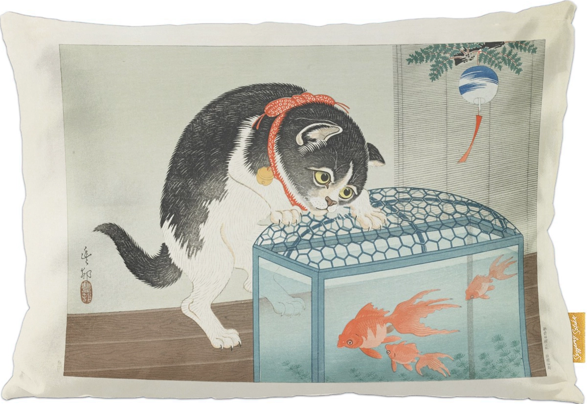 Poduszka dekoracyjna na prezent z obrazem Kot i złota rybka Ohara Koson Szyjemy Sztukę