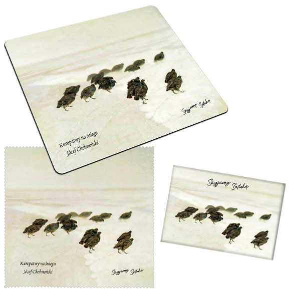 Zestaw prezentowy Szyjemy Sztukę podkładka + magnes + ściereczka Kuropatwy na śniegu