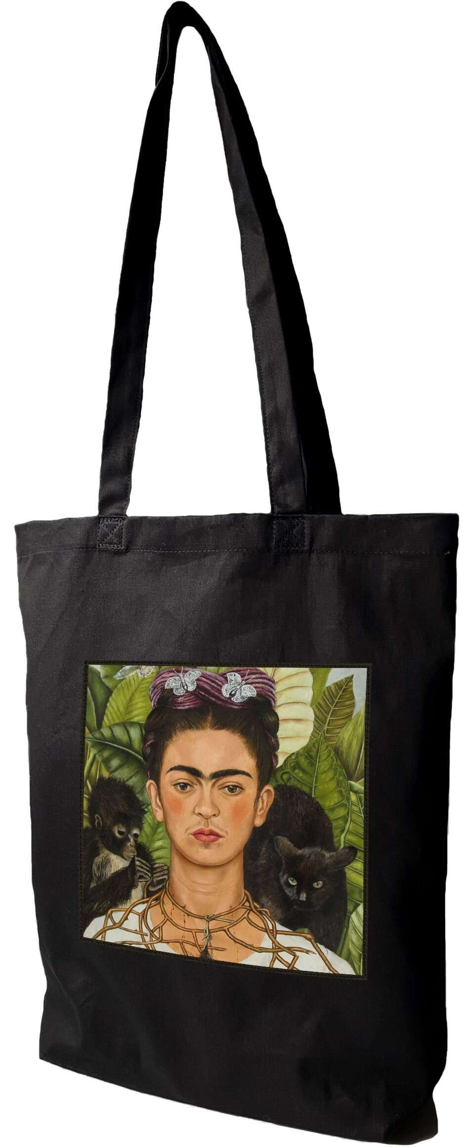 Torba z naszywką Autoportret z cierniowym naszyjnikiem i kolibrem Frida Kahlo, Czarna