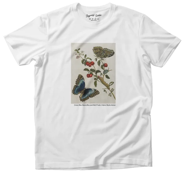 Koszulka z nadrukiem Great Blue Butterflies and Red Fruits Maria Sibylla Merian