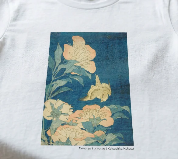 Koszulka z nadrukiem Kanarek i piwonia Katsushika Hokusai