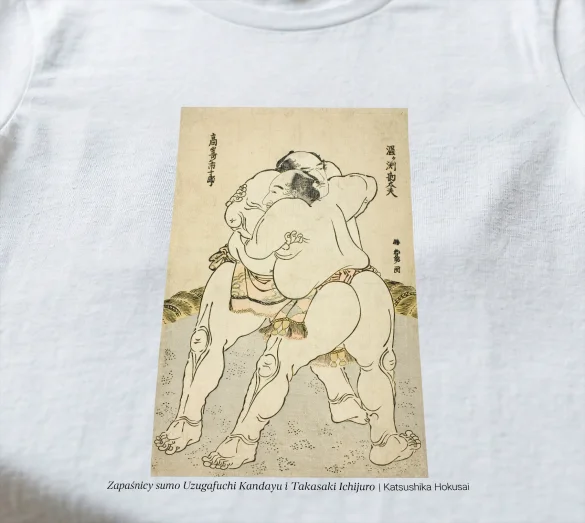 Koszulka z nadrukiem Zapaśnicy sumo Uzugafuchi Kandayu i Takasaki Ichijuro Katsushika Hokusai
