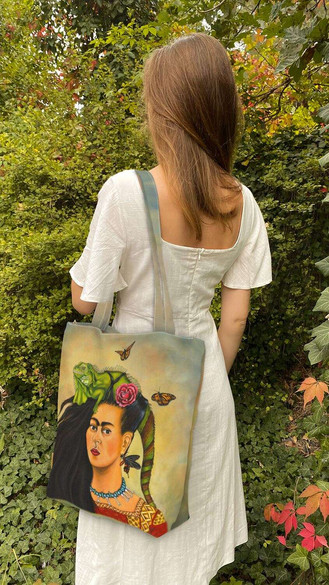 Torba na ramię shopper Frida z legwanem – portret inspirowany Fridą Kahlo