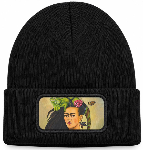 Czapka zimowa Frida z legwanem – portret inspirowany Fridą Kahlo Frida Kahlo – czarna