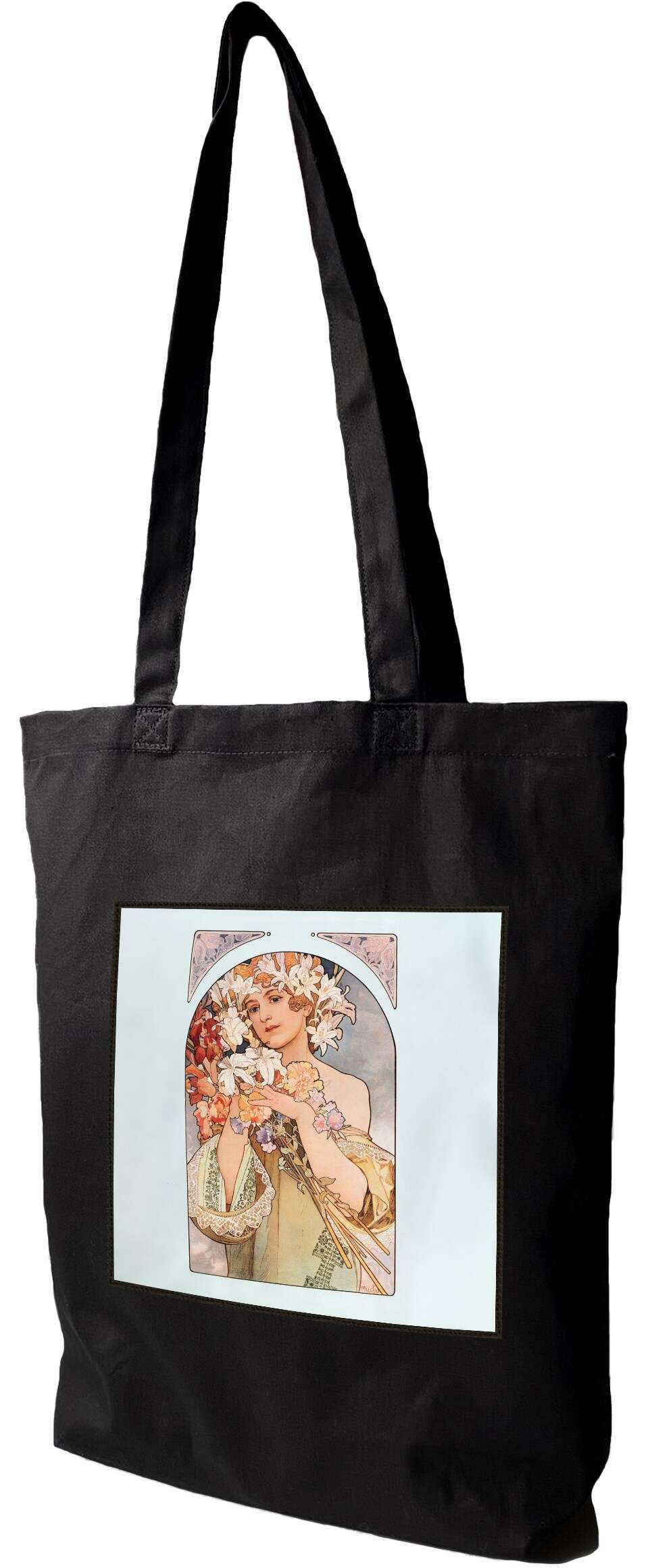 Torba z naszywką Kwiat Alfons Mucha, Czarna
