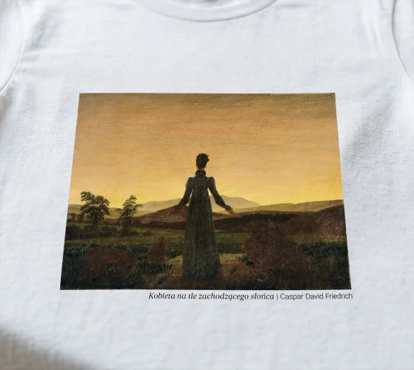 Koszulka z nadrukiem Kobieta na tle zachodzącego słońca Caspar David Friedrich
