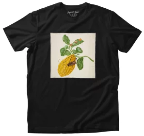 Koszulka z naszywką Cytryna z gąsienicą małpy i chrząszczem harlekin Maria Sibylla Merian