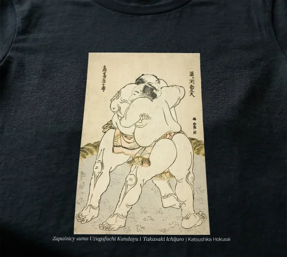 Koszulka z nadrukiem Zapaśnicy sumo Uzugafuchi Kandayu i Takasaki Ichijuro Katsushika Hokusai