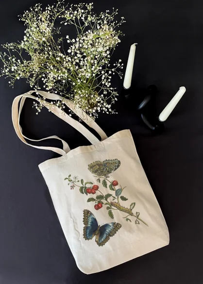 Torba bawełniana Great Blue Butterflies and Red Fruits Maria Sibylla Merian