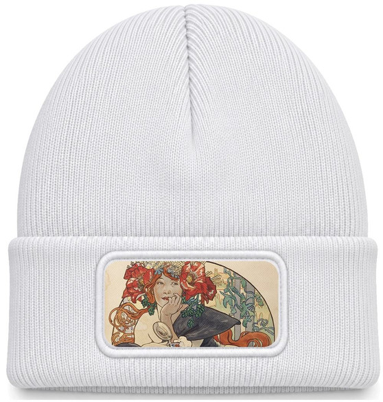 Czapka zimowa Bières De La Meuse (Piwo z mezy) Alfons Mucha – biała