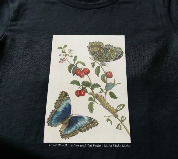 Koszulka z nadrukiem Great Blue Butterflies and Red Fruits Maria Sibylla Merian