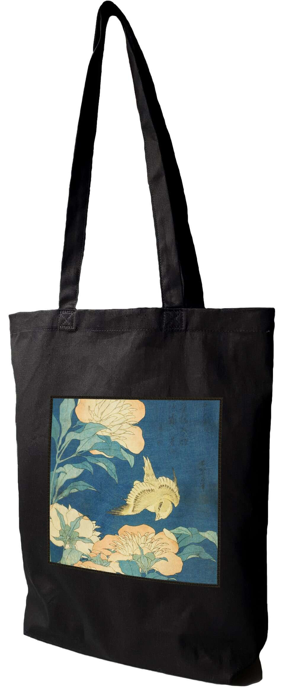 Torba z naszywką Kanarek i piwonia Katsushika Hokusai, Czarna