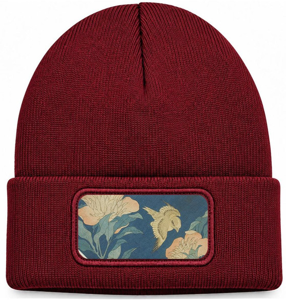 Czapka zimowa Kanarek i piwonia Katsushika Hokusai – bordowa