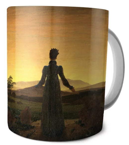 Kubek Kobieta na tle zachodzącego słońca Caspar David Friedrich