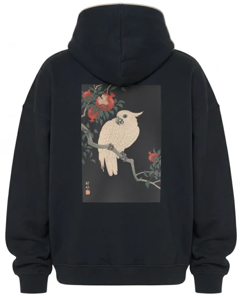 Bluza oversize Biała papuga i granat Ohara Koson