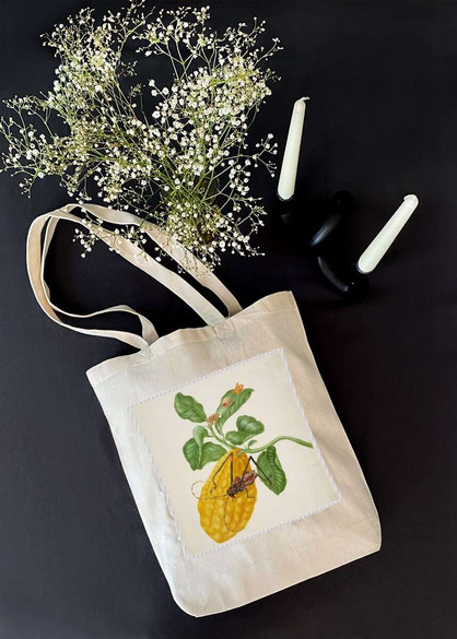 Torba z naszywką Cytryna z gąsienicą małpy i chrząszczem harlekin Maria Sibylla Merian
