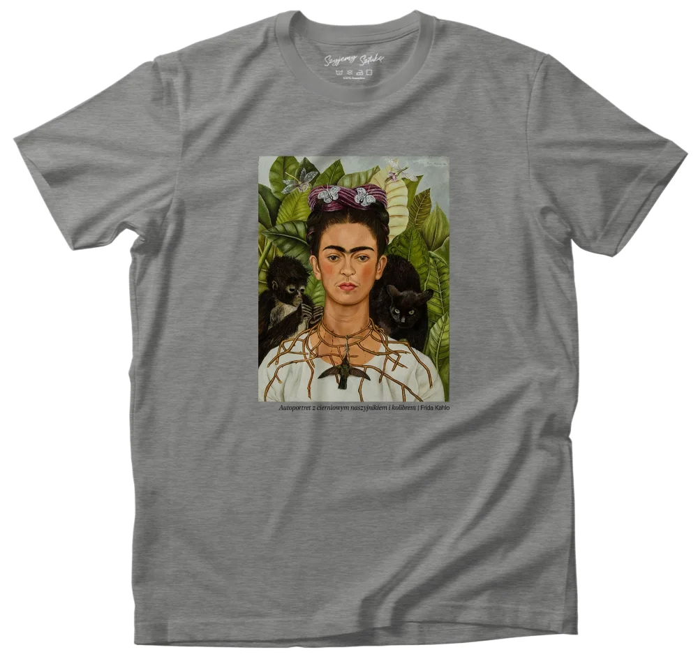 Koszulka z nadrukiem Autoportret z cierniowym naszyjnikiem i kolibrem Frida Kahlo