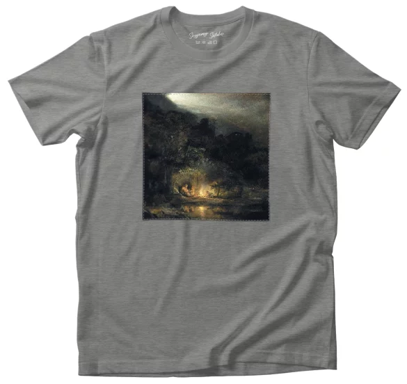 Koszulka z naszywką Krajobraz z odpoczynkiem podczas Ucieczki do Egiptu Rembrandt