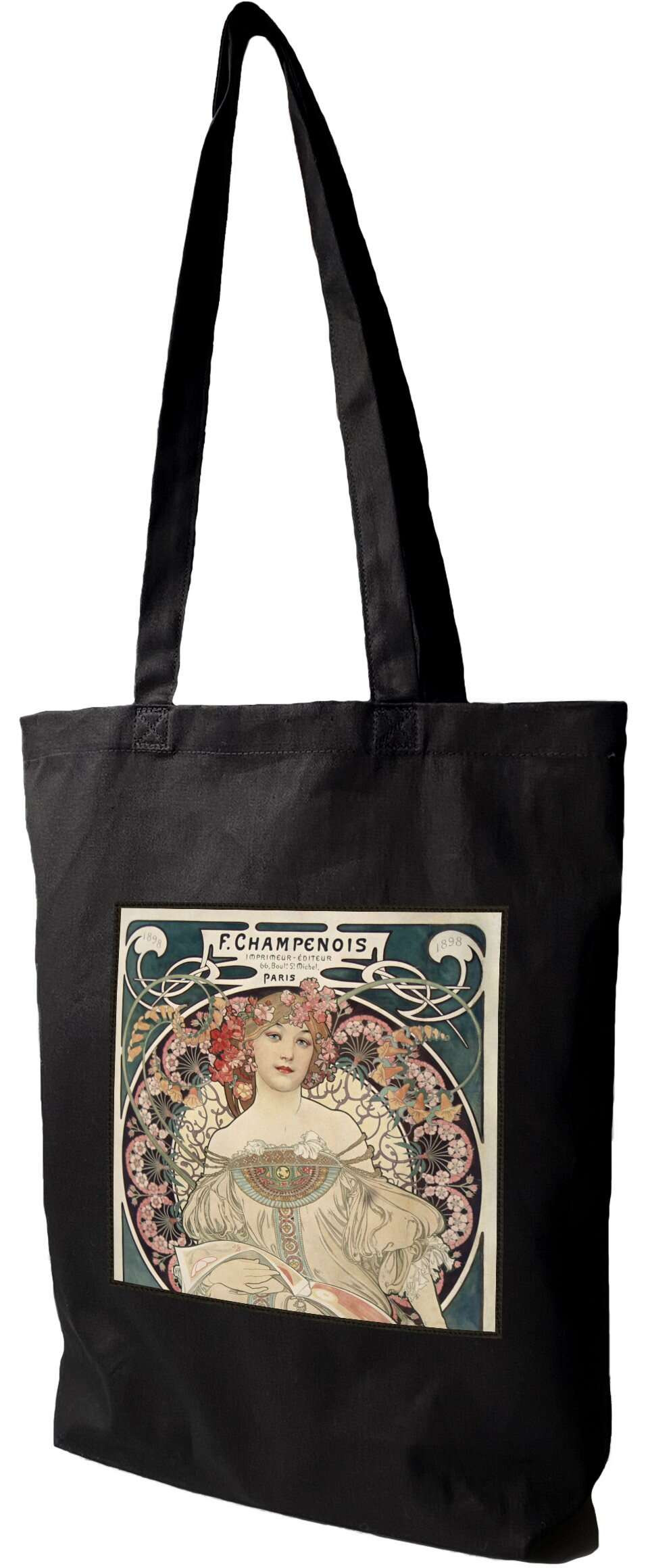 Torba z naszywką Rozmarzenie Alfons Mucha, Czarna