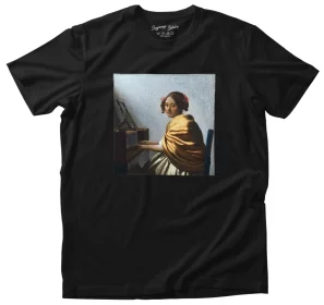 Koszulka z naszywką Młoda kobieta siedząca przy dziedzińcu Jan Vermeer