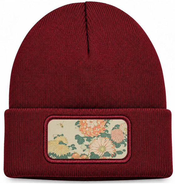 Czapka zimowa Chryzantemy i pszczoła Katsushika Hokusai – bordowa