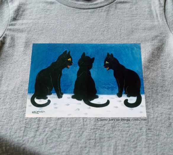 Koszulka z nadrukiem Czarne koty na śniegu Louis Wain