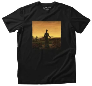 Koszulka z naszywką Kobieta na tle zachodzącego słońca Caspar David Friedrich