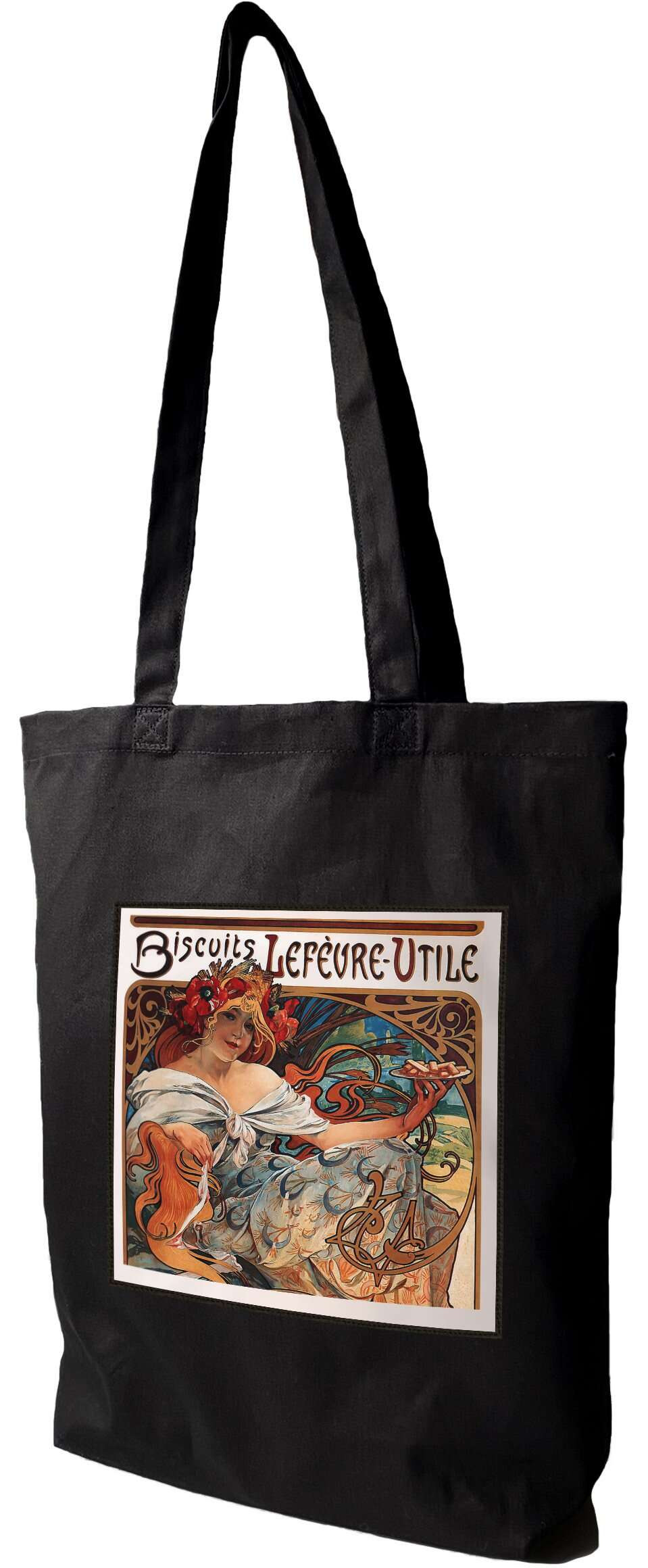 Torba z naszywką Biscuits Lefevre Utile Alfons Mucha, Czarna