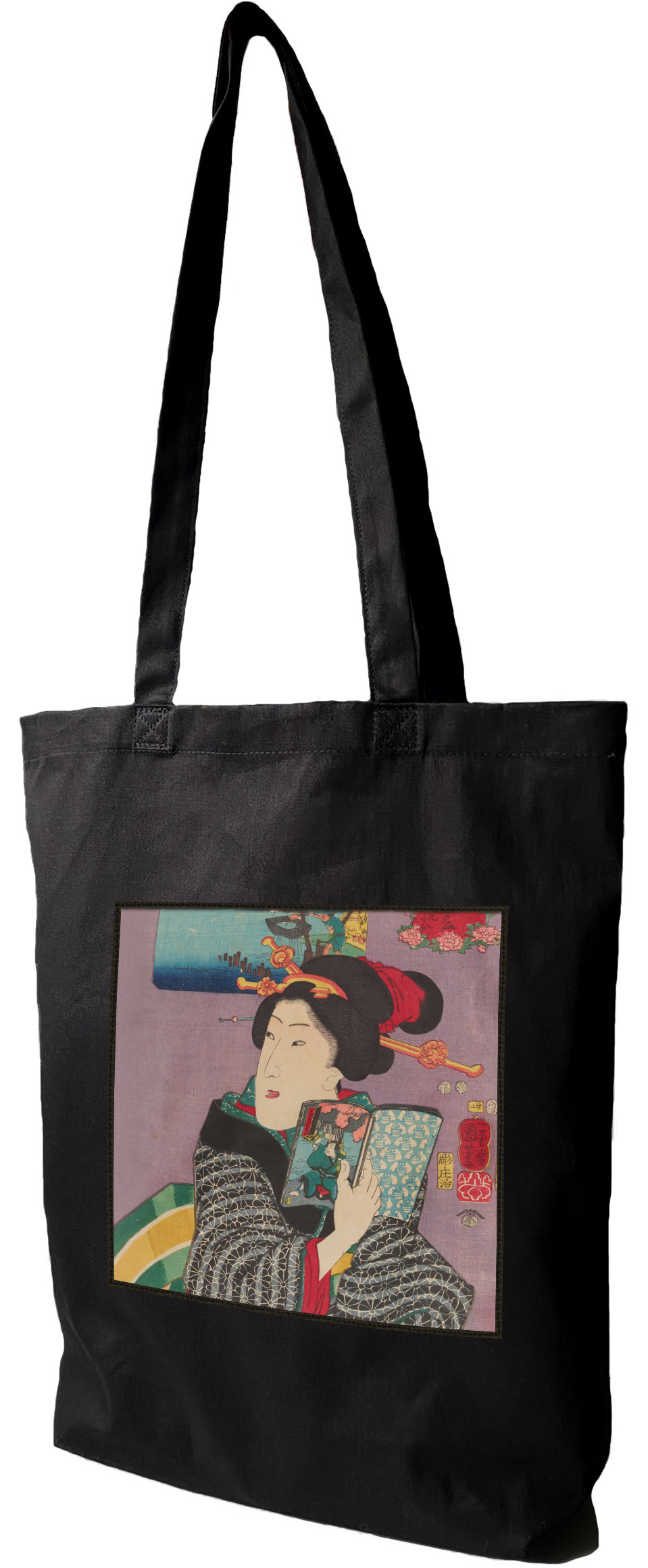 Torba z naszywką Krajobrazy i piękności Utagawa Kuniyoshi, Czarna