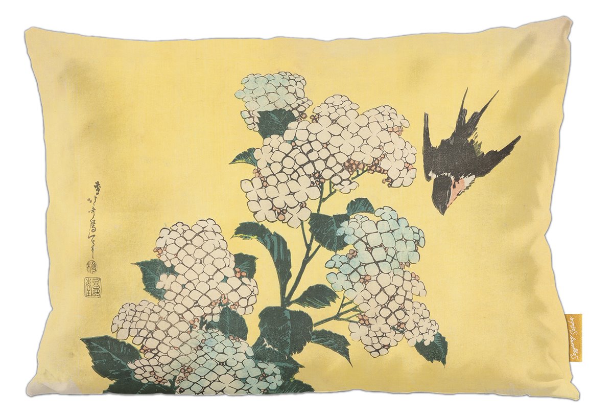 Poduszka dekoracyjna na prezent z obrazem Hortensja i Jaskółka Katsushika Hokusai Szyjemy Sztukę