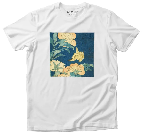 Koszulka z naszywką Kanarek i piwonia Katsushika Hokusai